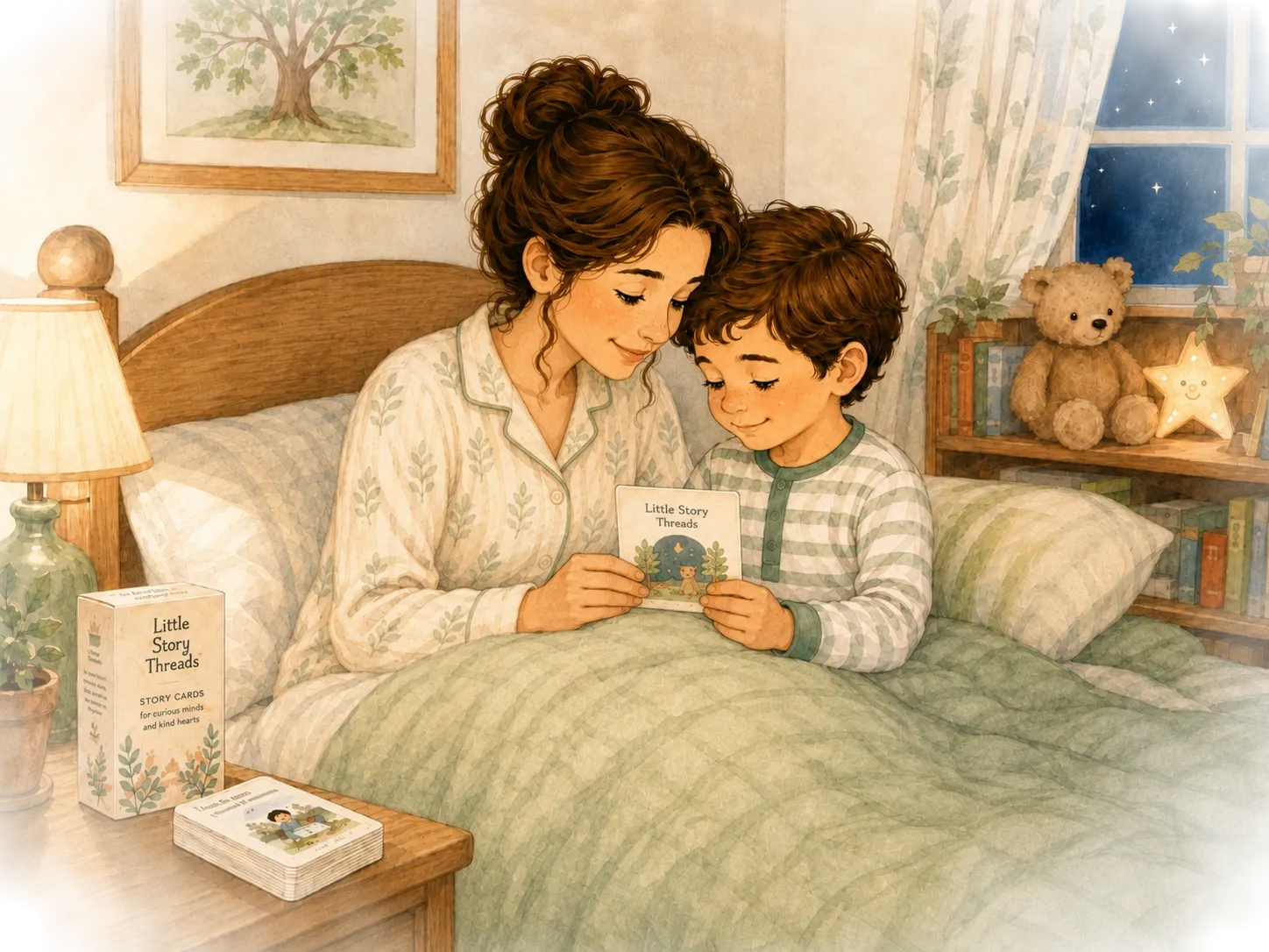 A mother reading a Little Story Threads card to her son at bedtime, tucked into bed with a teddy bear.