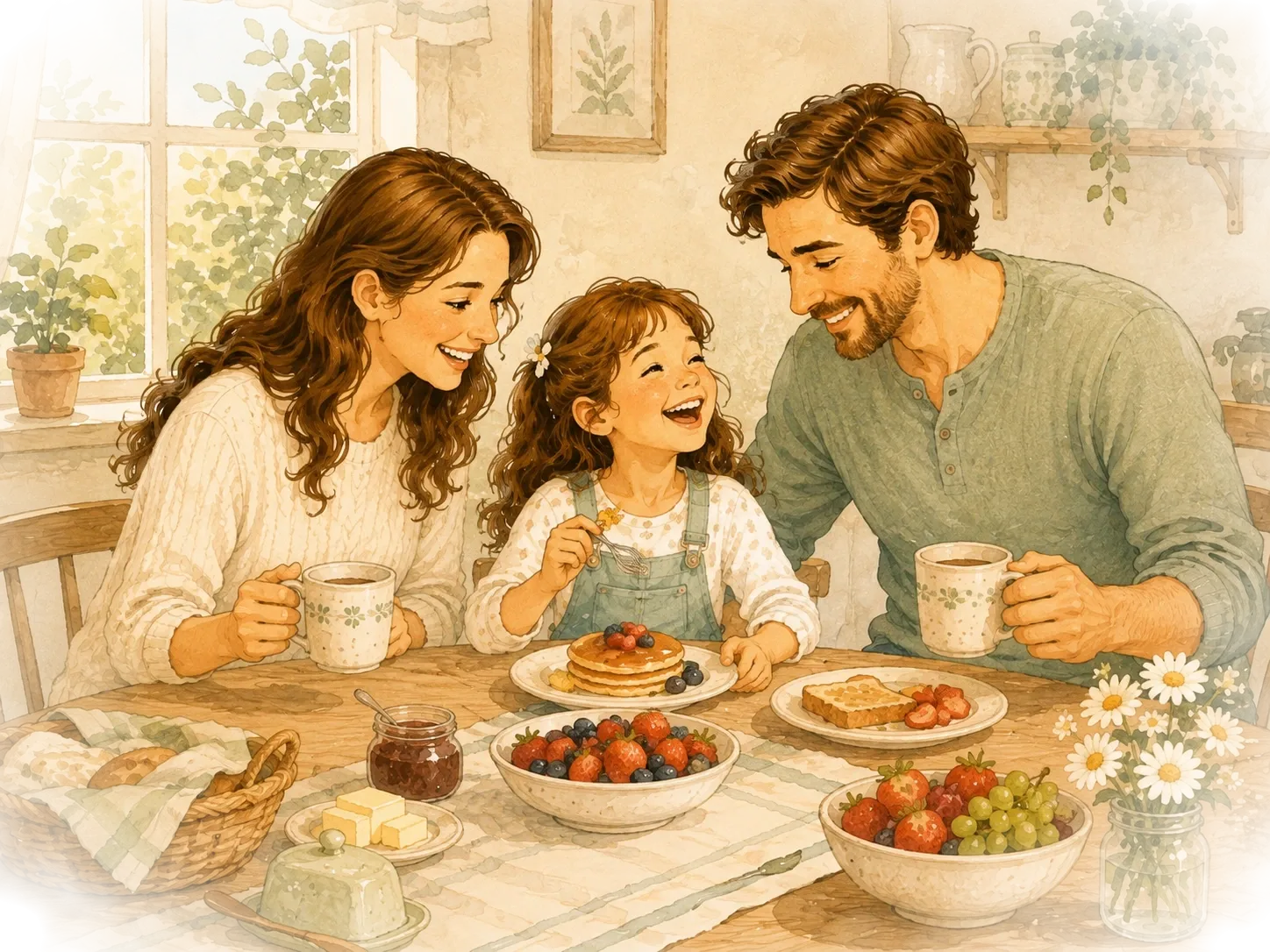 A mother, father and daughter smiling together at a table with story cards and mugs of tea.