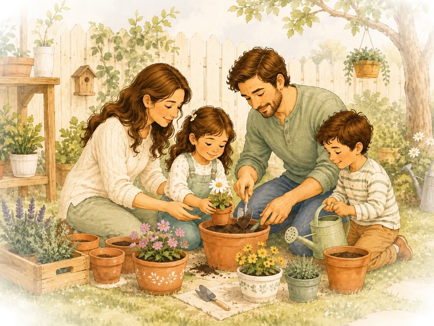 A mother, father, son and daughter planting and watering pots together on a sunny terrace.