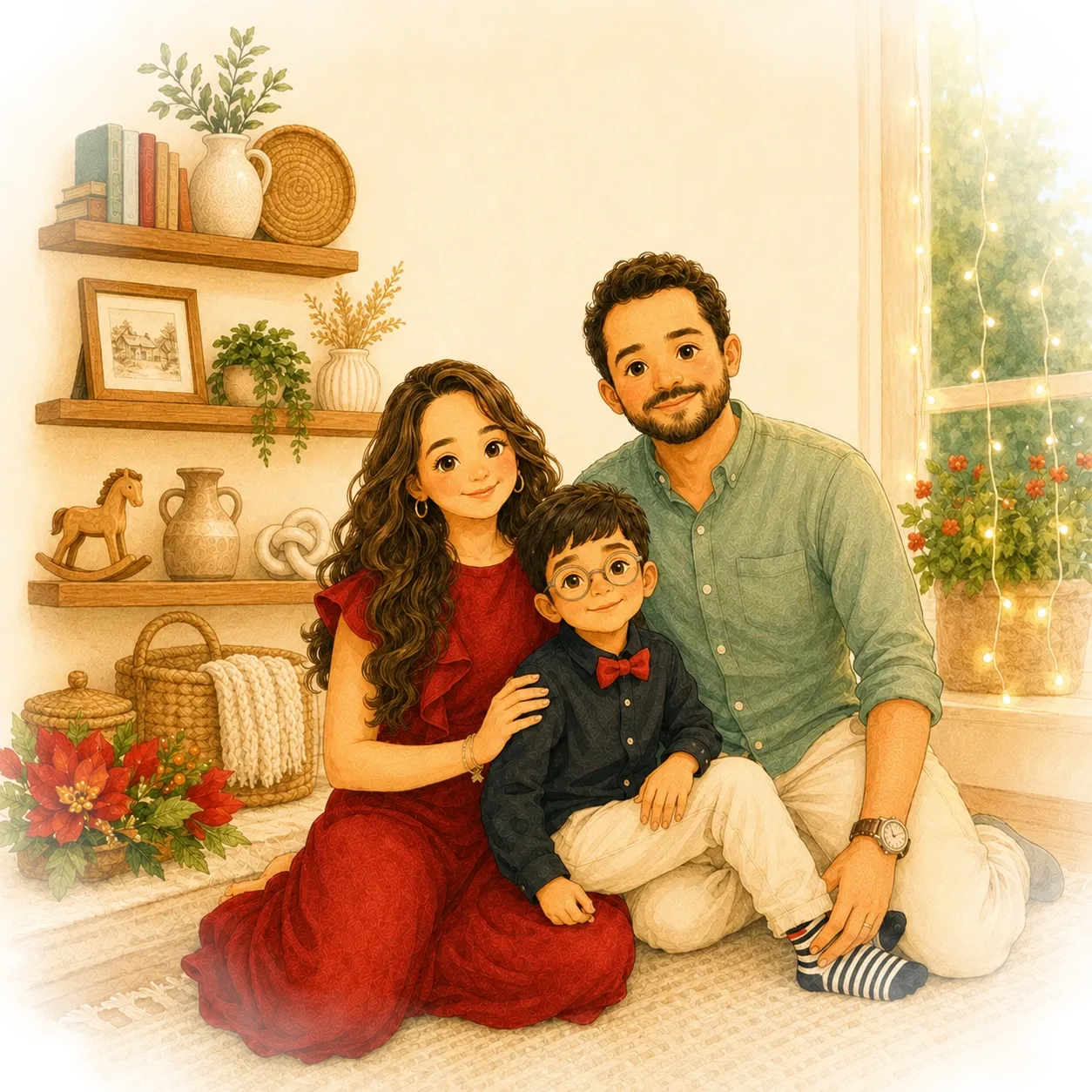 Ajinkya and Priyanka with their young son, at home among books and warm light.