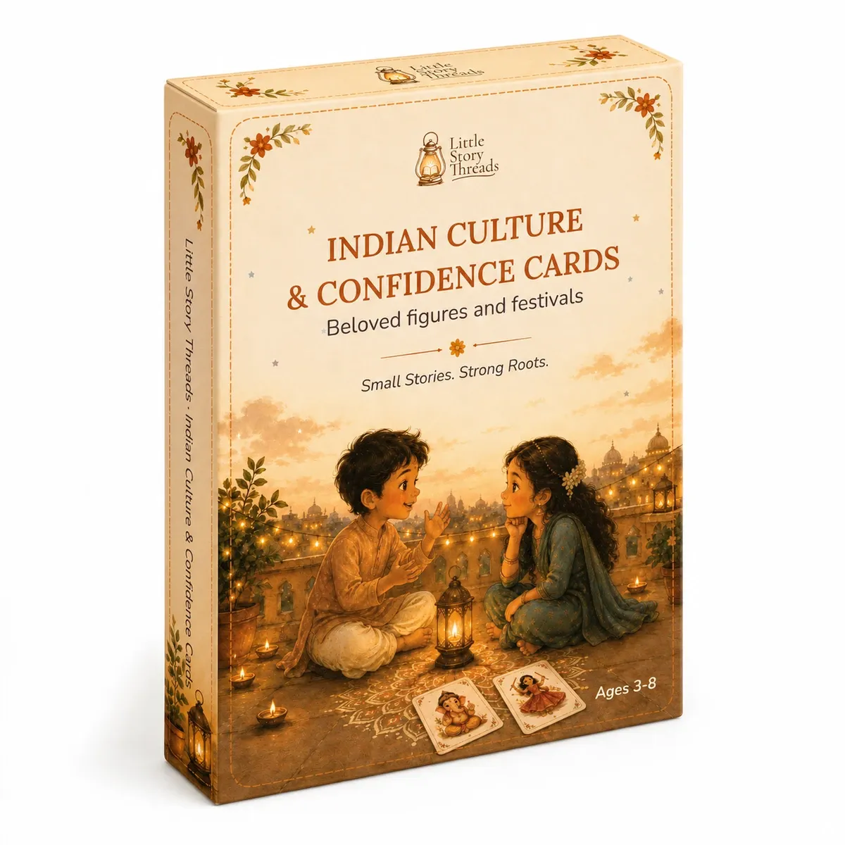 The Indian Culture & Confidence Cards box, front view, showing two children by lantern-light under a starry temple skyline.
