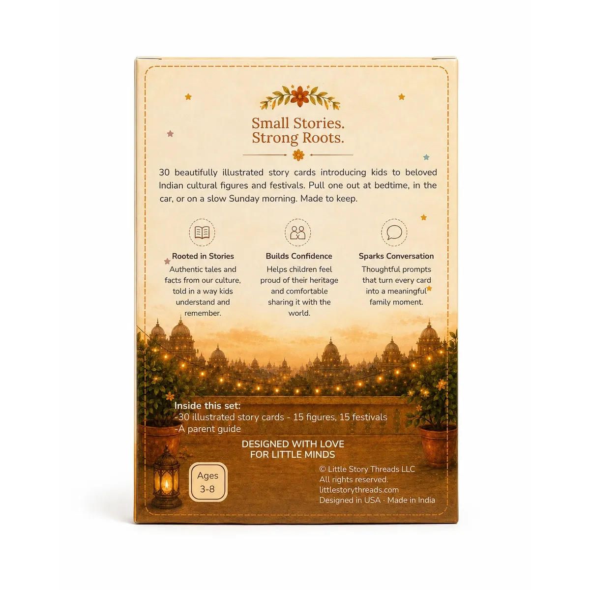 The back of the box, listing what's inside and the set's three benefits: rooted in stories, builds confidence, sparks conversation.